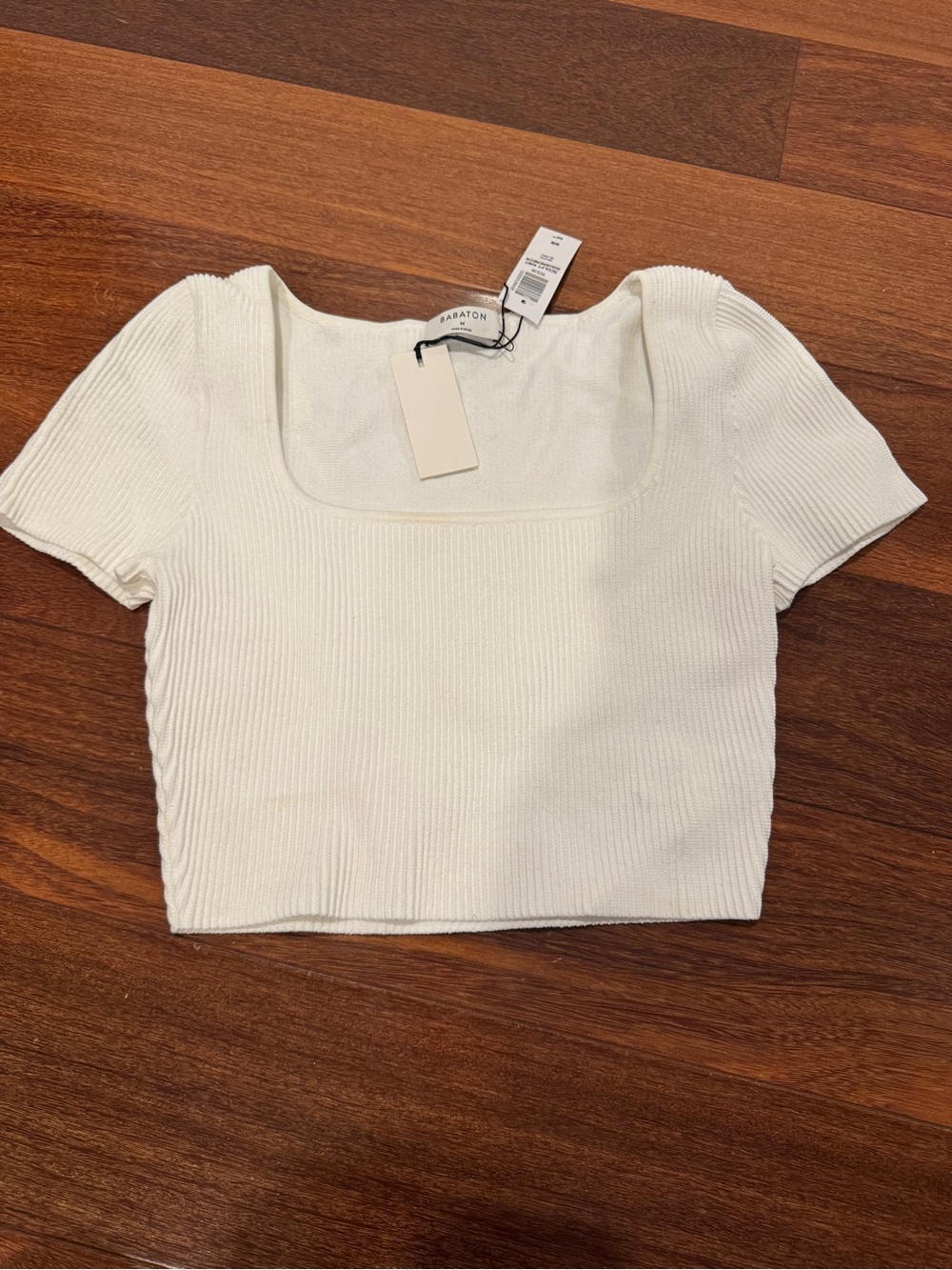 Babaton White Ribbed Square-Neck Crop Top